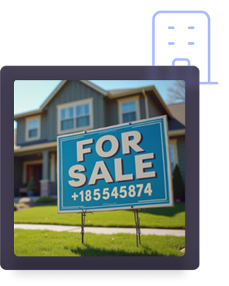 House for sale with sign displaying phone number on lawn in front of property